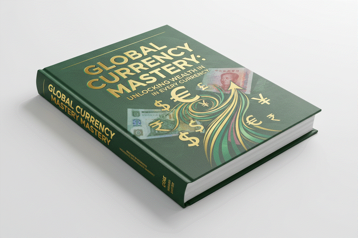 green hardcover book titled Global Currency Mastery with gold text and currency symbols representing wealth and how to make money online guide