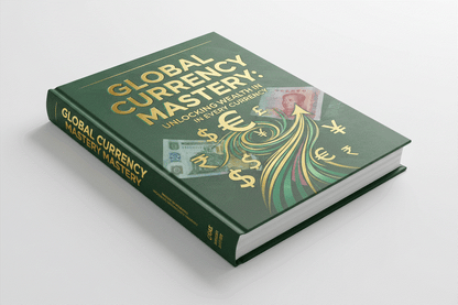 green hardcover book titled Global Currency Mastery with gold text and currency symbols representing wealth and how to make money online guide